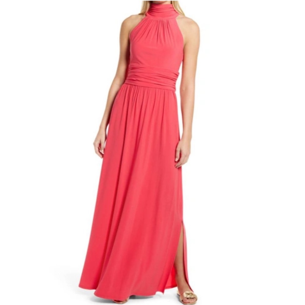 Eliza J Coral Maxi Dress With Halter Neckline